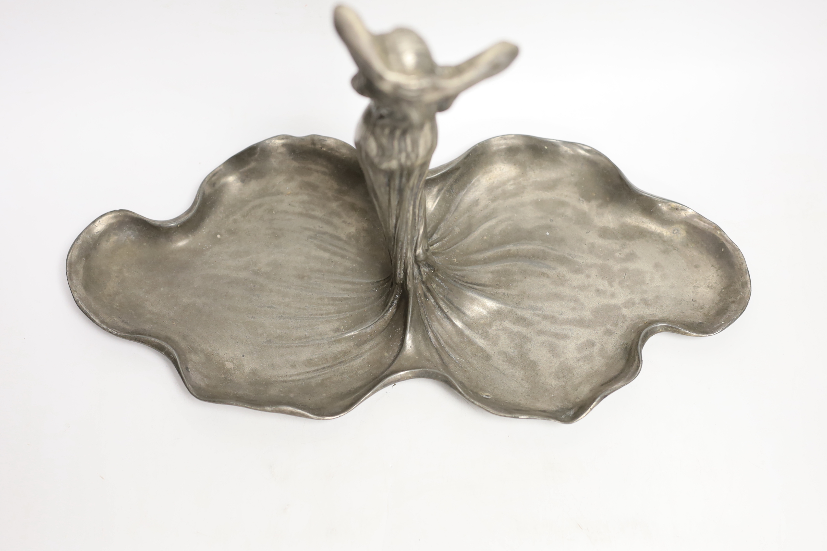 An Art Nouveau WMF pewter dish with a figure of a woman on lily pads, 22cm high